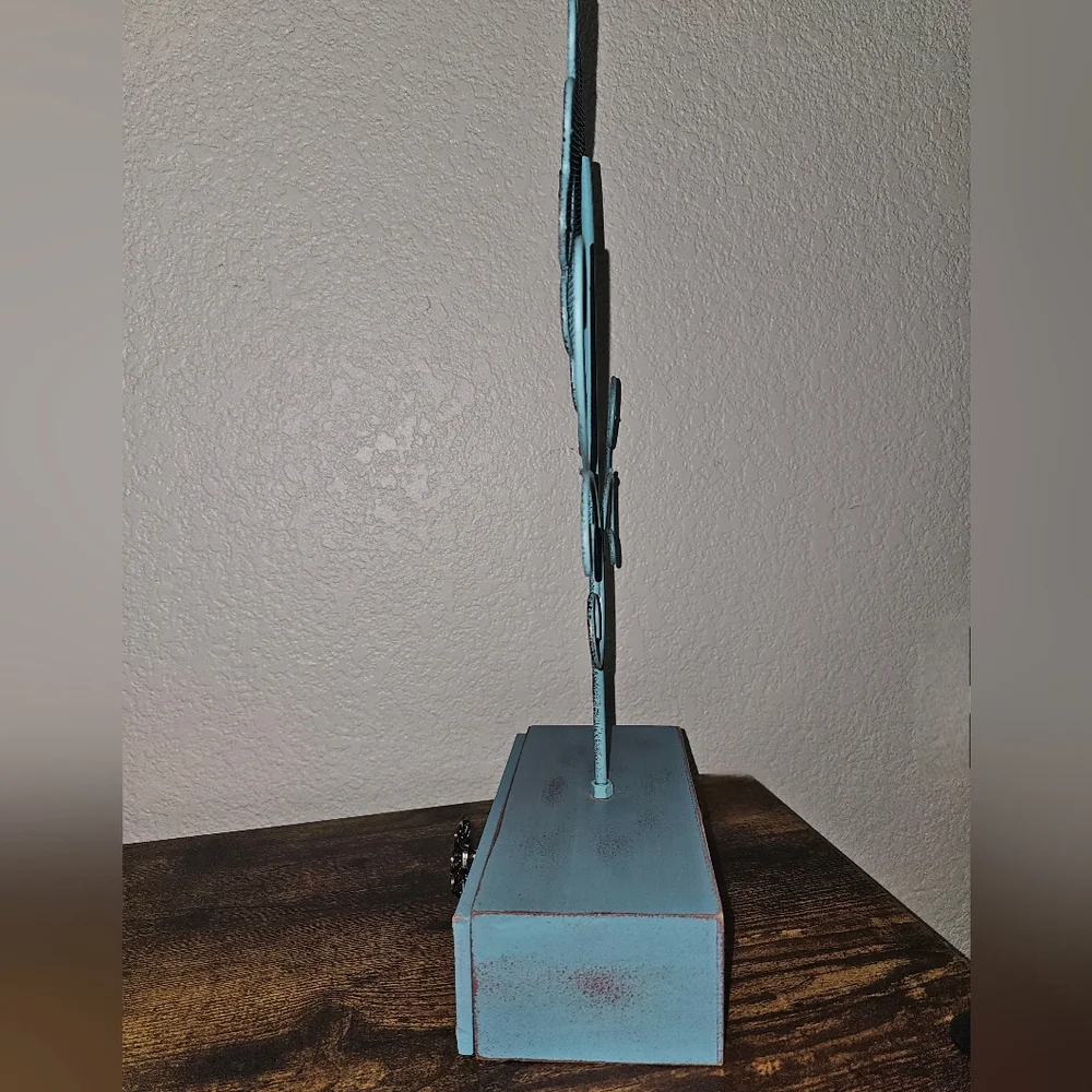 Blue Metal Flower Jewelry Holder on Wooden Stand with Drawer